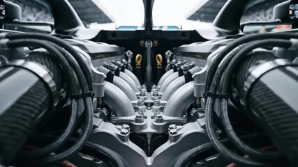 Extreme close-up of a powerful V12 engine, racing car cockpit, detailed mechanics, cinematic view - Powered by Adobe
