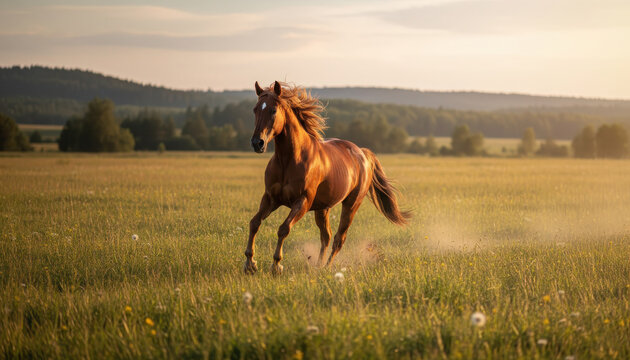 A majestic brown horse gallops freely through a sunlit green meadow at golden hour, with rolling hills in the background.