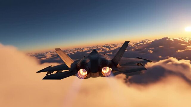 Stealth fighter jet flying through clouds at sunset