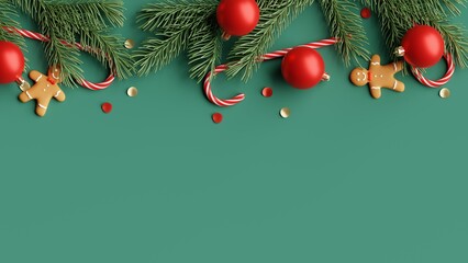 christmas flat lay, gingerbread, candy cane ornaments on green background. 3d rendering