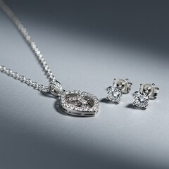 Detailed shot of sparkling sterling silver accessories, featuring a delicate chain, an ornate pendant, and matching stud earrings, for luxury appeal ,arrangement ,shiny ,metal