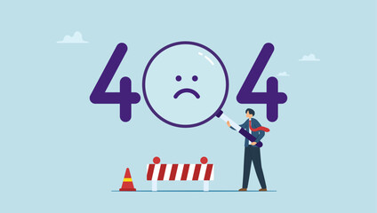 Vector illustration of a man looking at website message through magnifying glass and error code. 404 error page or file not found for web page.	