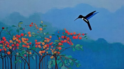Fototapeta premium Vibrant Artistic Hummingbird Hovering Over Colorful Berry Bushes Against a Serene Blue Sky Background in Nature-Inspired Painting