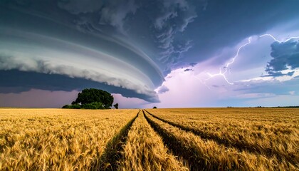 Dramatic landscape showing a wheat field under a dark, swirling storm cloud formation with lightning. A small tree is visible