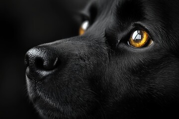 Close up portrait of a black dog with amber eyes