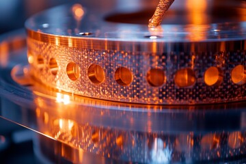 Close up of a film reel with warm cinematic lighting