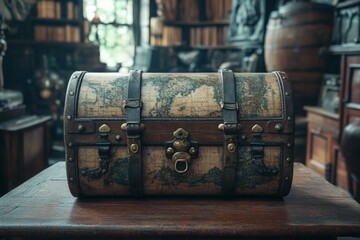 Old wooden treasure chest in a dark vintage room