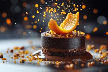 Chocolate cake with orange slice and decorative sprinkles