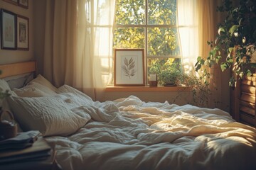 Cozy bedroom interior with morning sunlight and soft blankets