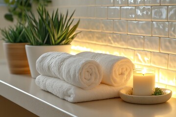Cozy bathroom interior with rolled white towels and warm yellow lighting