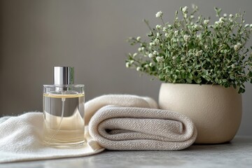 Minimal composition with perfume bottle and green plant on soft surface