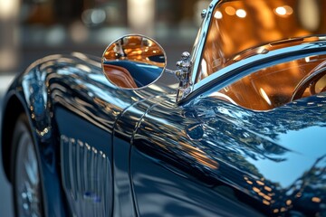 Close up of a classic vintage car with shiny chrome and warm reflections