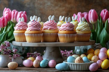 Assortment of colorful cupcakes and tulips arranged on a festive table
