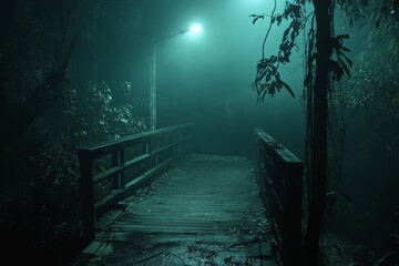 Dark misty forest path with mysterious moody atmosphere at night