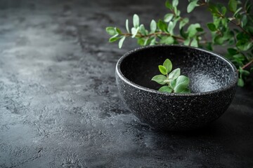 Small green plant growing in a dark stone bowl on gray surface
