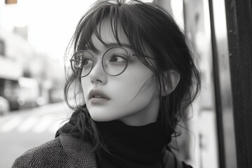 Black and white portrait of a young woman wearing glasses