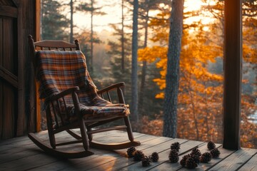 Empty chair on a wooden porch surrounded by golden autumn trees