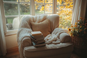 Cozy living room with armchair blanket and dog resting by window