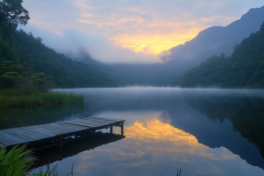 Peaceful lake at sunrise surrounded by misty mountains and calm reflections