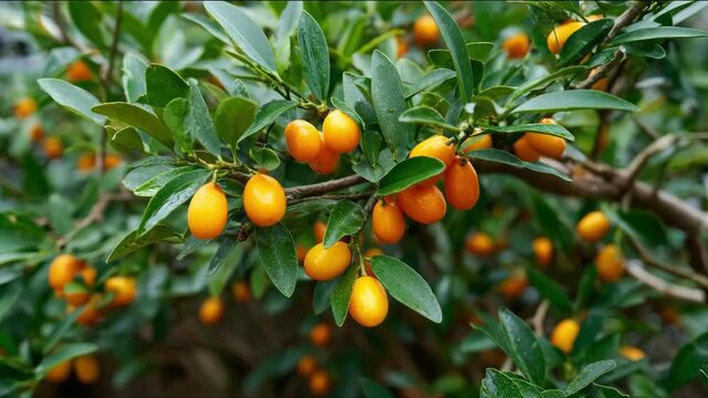 Medium shot of a dwarf kumquat tree showcasing dense green foliage with small vibrant orange fruits clustered on slender branches in a natural garden setting.
