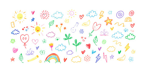 Colorful childrens drawings of sun, heart, rainbow