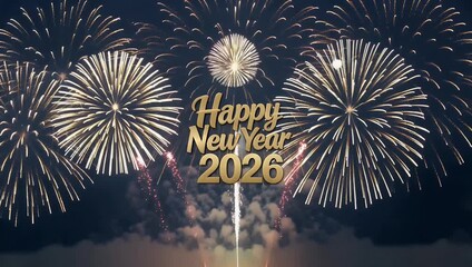 Dramatic 4K fireworks explosion fills night sky brilliant multicolored light spelling out “Happy New Year 2026” golden text creating unforgettable celebration scene deep blue sky - Powered by Adobe