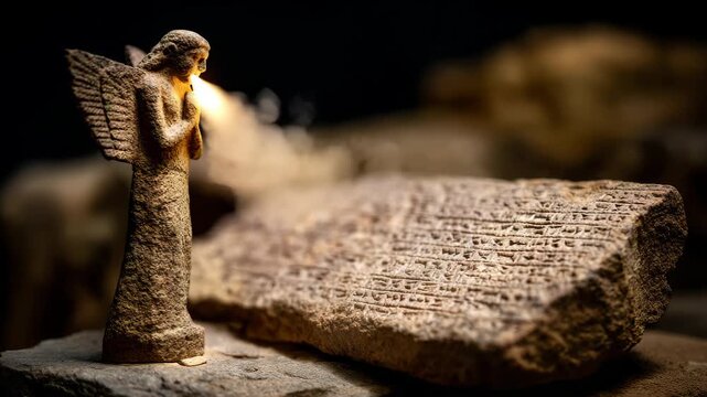 Ancient Mesopotamian Artifact with Winged Figure and Cuneiform Tablet