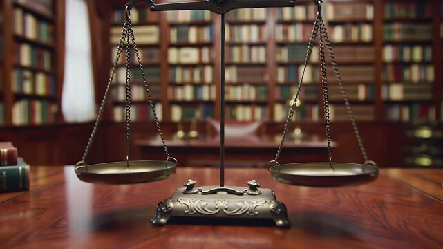 Antique Justice Scales Symbol of Law and Order on a Wooden Desk in a Library