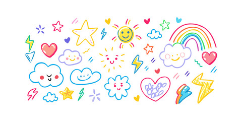 Cute doodle set with sun, rainbow, heart, star