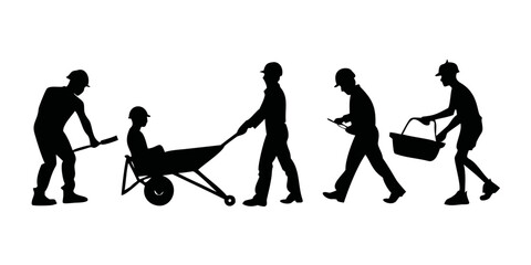 Silhouettes of construction workers with wheelbarrows
