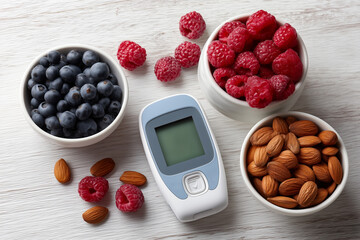 A modern glucometer surrounded by berries and nuts on a light background
