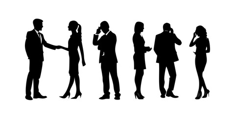 Silhouette of business people shaking hands and talking on phone isolated on white