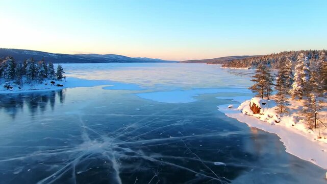 Slow aerial glide over a tranquil frozen northern lake revealing mesmerizing ice patterns and snow-dusted shores at dawn calm, untouched, serene