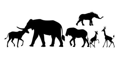 Silhouettes of various african animals in black color