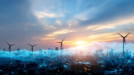Beautiful sunset over a cityscape with wind turbines and digital connections - Powered by Adobe