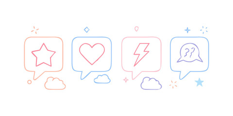 Speech bubbles with star, heart, lightning, and question mark icons isolated