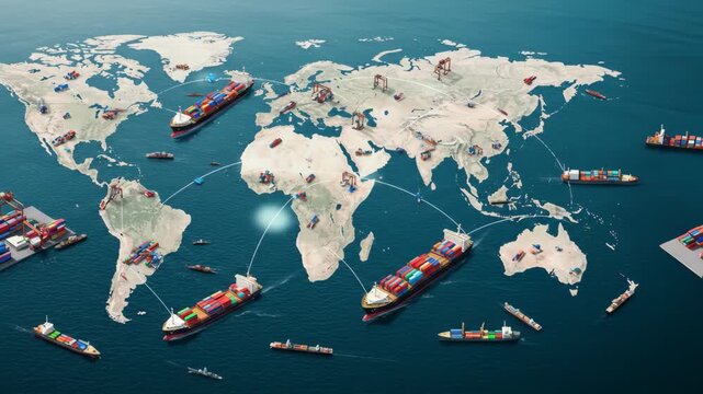 vector illustration of a world map with continents and countries using water transportation
