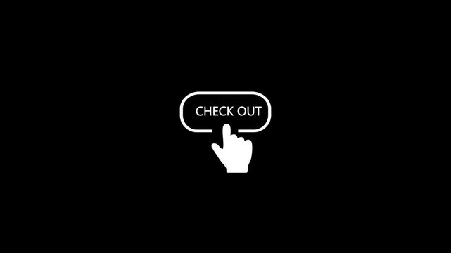 White outline icon of a hand pressing a check out button on a black background image photo