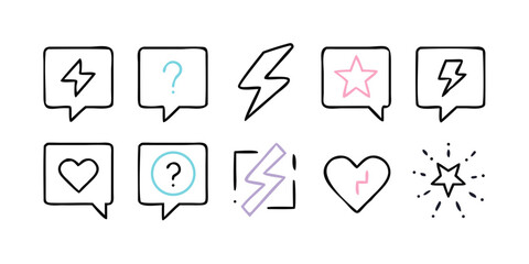 Hand drawn speech bubbles with lightning, heart, star, and question marks