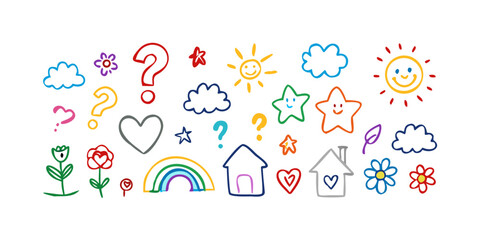 Colorful hand drawn kids doodles with rainbow, sun, cloud, and flowers