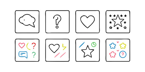 Collection of doodle icons in square frames
