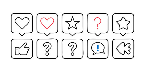 Hand drawn speech bubbles with heart, star, question mark