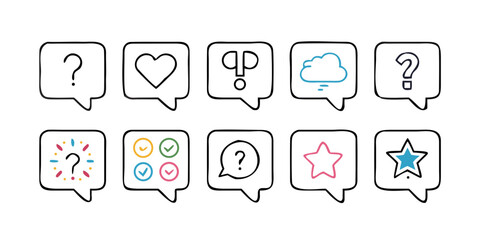 Hand drawn speech bubbles with question mark, heart, star