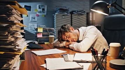 Tired office worker sleeping at messy desk late at night surrounded by paperwork and coffee cups 

