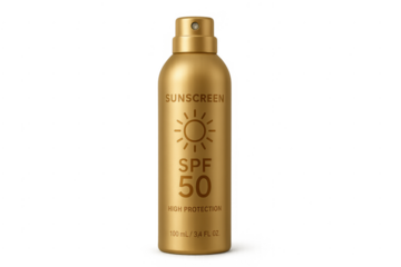 Gold sunscreen spray bottle offering spf 50 high protection
