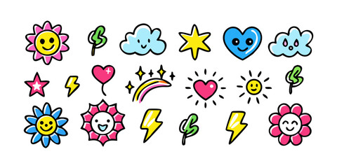 Hand drawn cute doodles with flowers and hearts