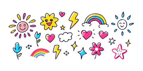 Hand drawn cute doodles with sun and hearts