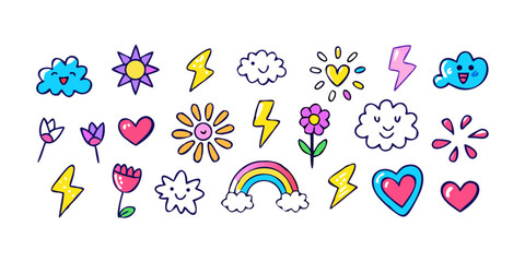 Hand drawn cute doodles with flowers and clouds