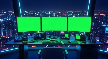 Futuristic computer setup with green screens overlooking a neon city at night
