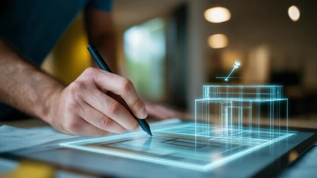 Creative professional drafting architectural designs on a digital tablet in bright workspace